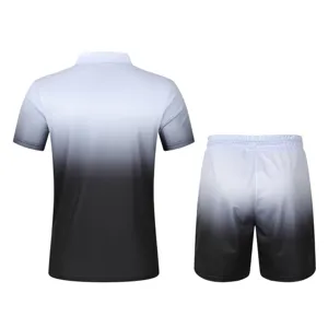 Detail view of the men's gradient short sleeve polo and shorts set fabric and trim.