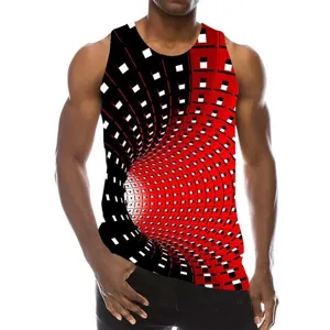 Men 3D optical illusion print tank top casual summer sleeveless fitness athletic shirt.