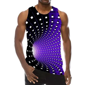 Detailed view of men's 3D digital print tank top with purple optical illusion vortex.