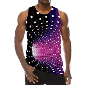 Men's 3D vortex print sleeveless tank top detail, psychedelic geometric tunnel pattern.