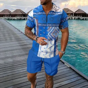 Men's summer two-piece outfit featuring a geometric print half-zip polo shirt and casual shorts.