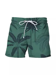 Men's tropical palm leaf print beach shorts casual summer board shorts with white drawstring.