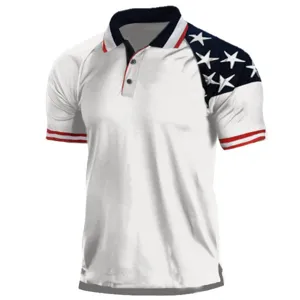 Hombre Verano Casual Polo Camisa Blanco Manga Corta Bandera Americana Top Talla L