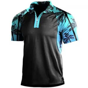 Polo de manga corta para hombre, estampado de palmeras negro y cian, parte superior casual.
