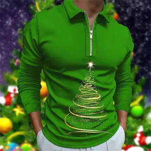 Herren Langarm Weihnachtsbaum Print Polo Shirt Freizeit Golf Oberteil festlich grün