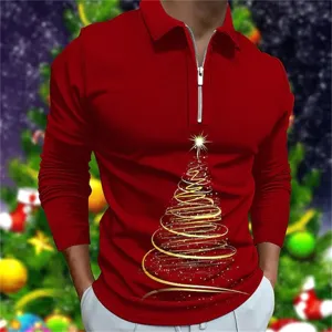 Herren Weihnachtsbaum Druck Langarm Reissverschluss Polohemd Detailansicht mit festlichem Motiv