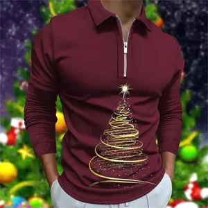 Herren Weihnachts Langarm Reißverschluss Polohemd mit goldenem Baumdruck, lässiges Herbstgolfshirt.
