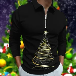 Detailansicht Herren Langarm Polohemd mit goldenem Weihnachtsbaumdruck und Reißverschluss.
