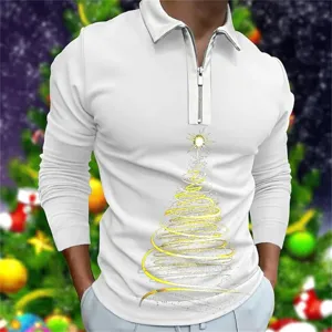 Herren Weihnachten Langarm Polohemd Freizeit Gold Baum Druck Reißverschluss Oberteil Herbst