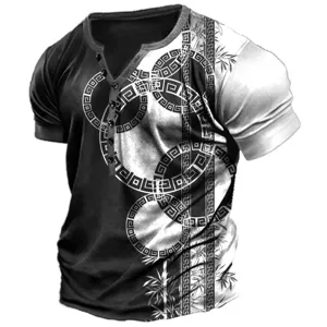 Men's 3D Printed Short Sleeve Henley T-Shirt Casual Streetwear Button Placket Tee Top