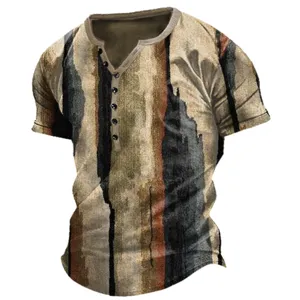 Men Streetwear 3D Digital Print Short Sleeve Henley Shirt 7-Button Placket Vintage Map Skull Graphic Tee Summer Breathable Casual Top