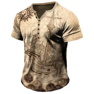 Men vintage sailing map print short sleeve Henley t-shirt street fashion 3d casual top