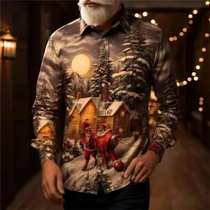 Close-up detail of the 3D printed Christmas winter scene pattern on the long sleeve shirt.