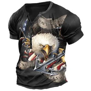 Men's 3D Printed Henley Shirt Short Sleeve Casual Streetwear Eagle Graphic Tee Top