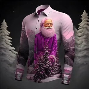 Men's 3D print Santa Claus Christmas long sleeve shirt detail view fashion party top.