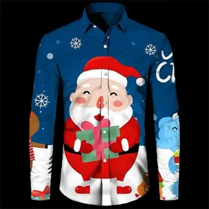 Close-up detail of the blue Christmas long sleeve shirt featuring 3D Santa print and buttons.