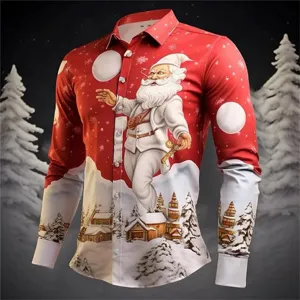 Christmas 3D printed men's long sleeve shirt with Santa and snow scene design, festive wear.