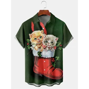 Camisa informal de manga corta para hombre con estampado de gato 3D navideno cool top