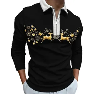 Herren Weihnachten langarm Polohemd mit goldem Rentier Print, lässiges Reißverschluss Top.