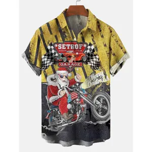 Camisa de manga corta para hombre con estampado de navidad 3D, detalle casual.
