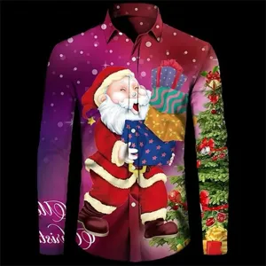 Mens Christmas Santa Claus 3D Digital Print Long Sleeve Casual Fashion Button Shirt