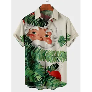 Camisa casual de manga corta para hombre con estampado 3D de Papá Noel en estilo vintage.