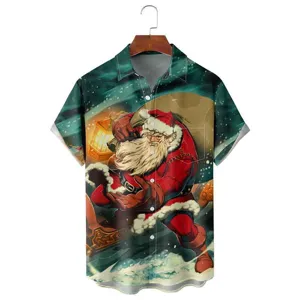 Camisa Casual Manga Corta Hombre Estampado Papa Noel 3D Navidad Vacaciones Top Moda