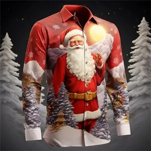 Men's Christmas long sleeve 3D digital print Santa Claus holiday fashion button up shirt