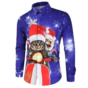 Men's Christmas 3D cat print long sleeve shirt casual button down holiday party top