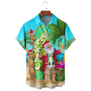 Camisa casual de manga corta con estampado navideño 3D para hombre estilo hawaiano.