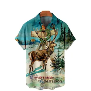 Camisa Casual de Manga Corta para Hombre Estampado de Navidad Ciervo Invierno Top