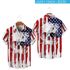 Men casual short sleeve button down shirt with 3D American flag skull print summer top.