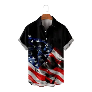 Casual short sleeve men's shirt featuring stylish American flag 3D digital print design.