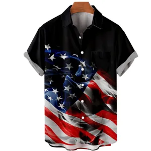 Detailed view of men's casual short sleeve shirt featuring 3D American flag and smoke print.