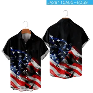 Detail view of men's casual short sleeve shirt featuring American flag 3D print design.