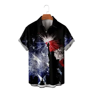Close-up detail of patriotic Statue of Liberty 3D print short sleeve shirt pattern.