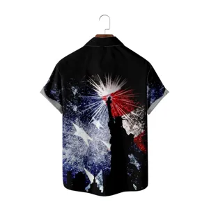 Men's casual short sleeve shirt featuring 3D Statue of Liberty and fireworks print design.