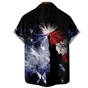 Men casual short sleeve shirt back print Statue of Liberty patriotic 3D digital graphic tee.