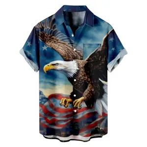 Men Casual 3D Eagle Flag Print Short Sleeve Shirt Patriotic Button Down Fashion Summer Top