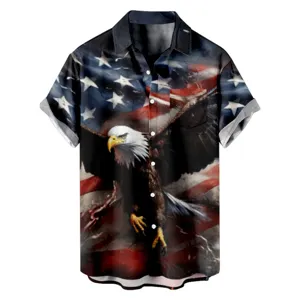 Men's short sleeve button-down shirt featuring a 3D American flag and bald eagle print design.