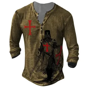 Men vintage long sleeve henley t-shirt with medieval knight graphic and red cross print.