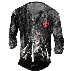 Men's long sleeve Henley t-shirt with gothic knight digital print and stylish button placket.