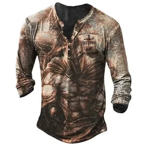 Men's vintage distressed long sleeve Henley t-shirt with graphic print and button placket.
