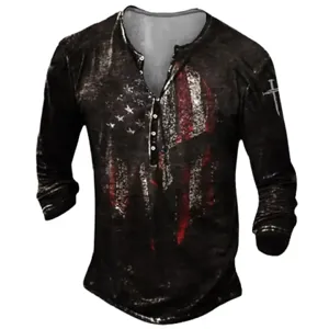 Men vintage tactical graphic print long sleeve henley shirt casual top wear