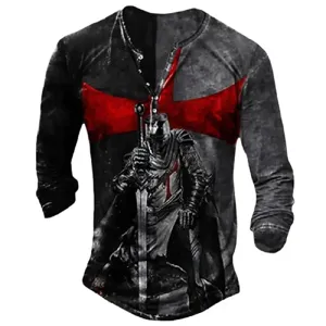 Men's vintage long sleeve Henley t-shirt with medieval knight graphic print and buttons.