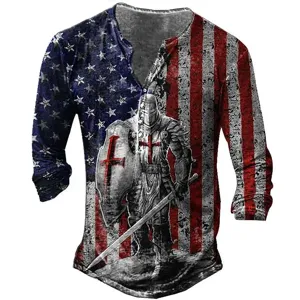 Men's long sleeve henley t-shirt with vintage us flag and medieval knight print design.