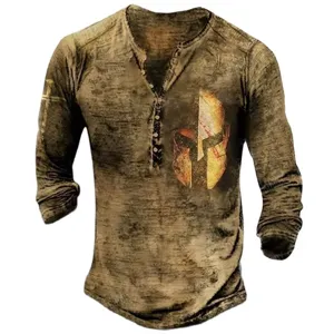 Mens Vintage Long Sleeve Henley T Shirt Casual Button Placket Spartan Graphic Tee Shirt