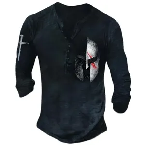Men's Long Sleeve Henley T-Shirt with Spartan Helmet Graphic and Vintage Casual Tops