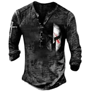 Men's distressed long sleeve Henley t-shirt with Spartan helmet graphic print and button placket.