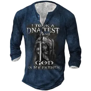 Men's casual long sleeve Henley T-shirt featuring a knight graphic print and comfortable fit.